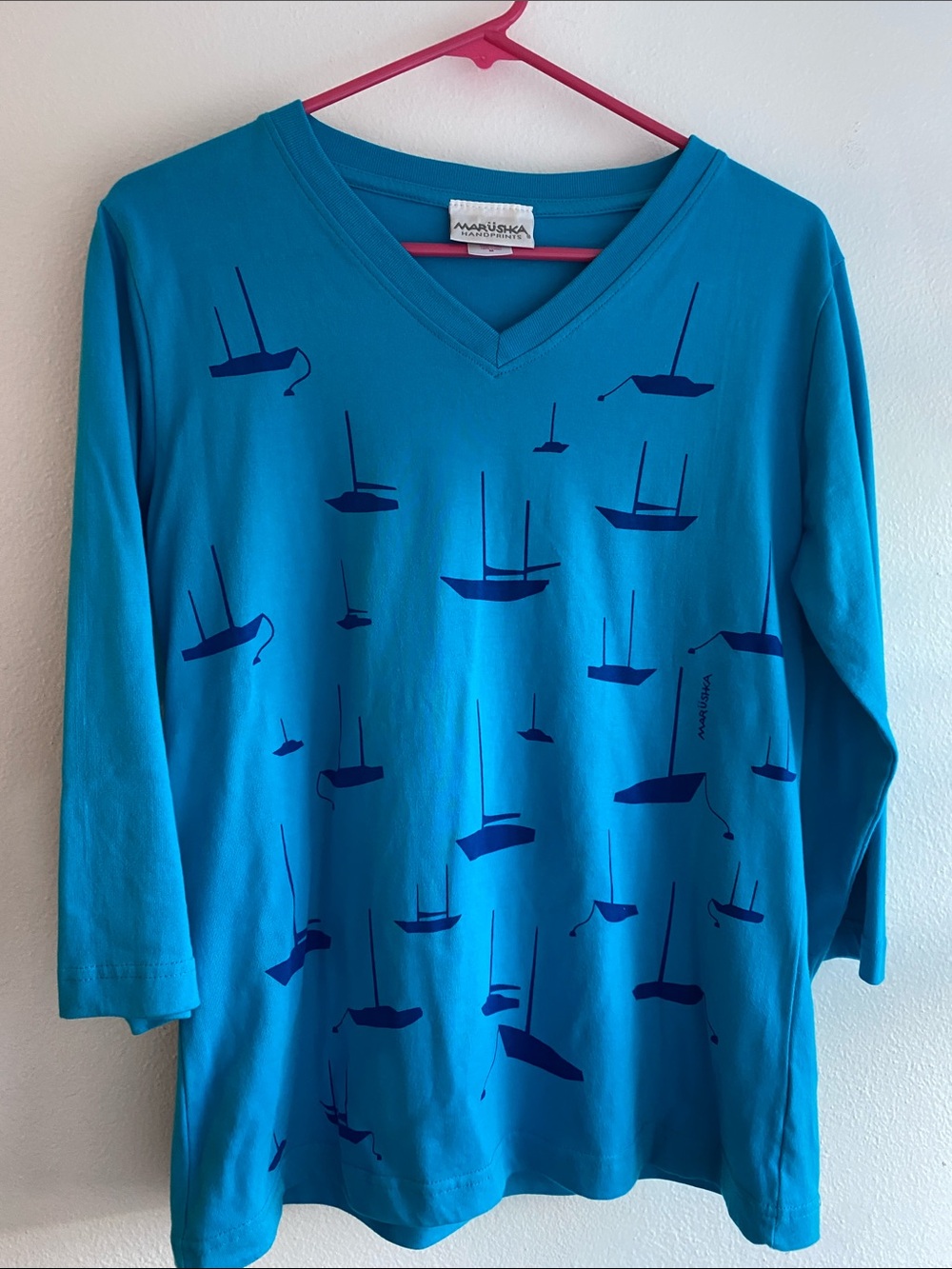 Marushka Women's Teal V-Neck 3/4 Sleeve Top with Navy Boat Print